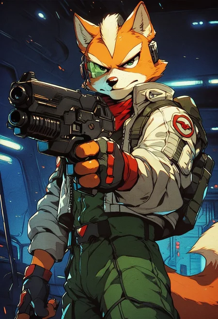 score_9, score_8, score_7, score_6, 1boy, solo, knva, halftone effect, science fiction, Fox mccloud, anthro furry, furry male, spaceship, dynamic pose, (((gun, sci-fi gun)))
