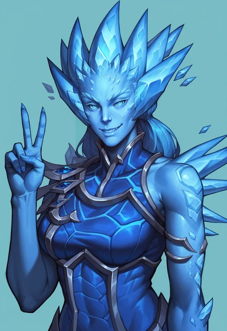 score_9, score_8_up, score_8, source_anime, 1girl, <lora:Vyranoth:0.9> , ice, blue skin, blue eyes, blue hair, breasts, looking at viewer, smile, upper body, v sign,
simple background, teal background,