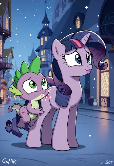 score_9, score_8_up, score_7_up, (Twilight Rarity and Spike Together mlp detailed face cutie mark night time city background snowing 1.2), cute, very fuzzy,(detailed background), safe_rating