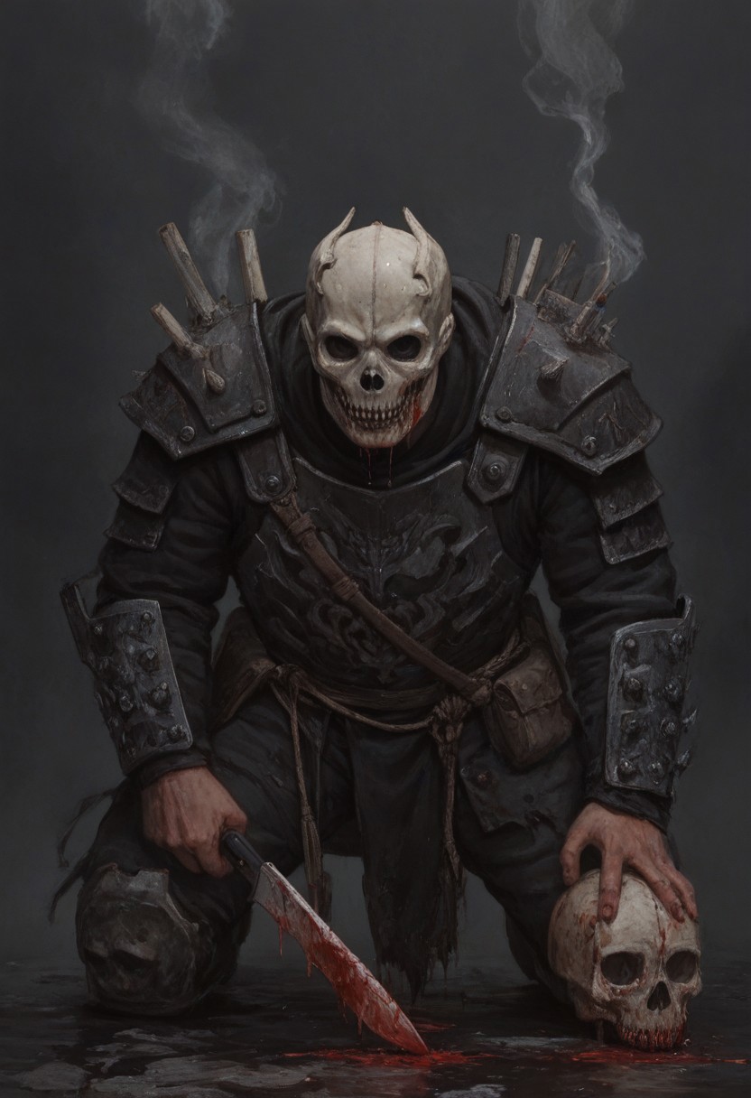 (score_9, score_8_up, score_7_up), drhdr_style, 1boy, solo, sketch, skull mask, japanese armor, knife, holding knife, blood, magic, slull mask, skull, low light, darkness, man standing knee-deep in black water and holding weapon, black smoke, close-up, detailed background