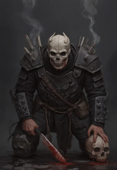 (score_9, score_8_up, score_7_up), drhdr_style, 1boy, solo, sketch, skull mask, japanese armor, knife, holding knife, blood, magic, slull mask, skull, low light, darkness, man standing knee-deep in black water and holding weapon, black smoke, close-up, detailed background