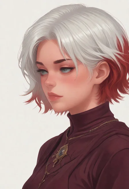 score_8_up, score_7_up, score_6_up, dnd <lora:dnd_flat:0.95> 1girl tiefling, portrait, short horns, RED skin <lora:Crude:0.6> (wizard clothes:1.2) , jewelry, short BOB hair, WHITE hair, close up, side view, RED HAIR
WHITE BACKGROUND