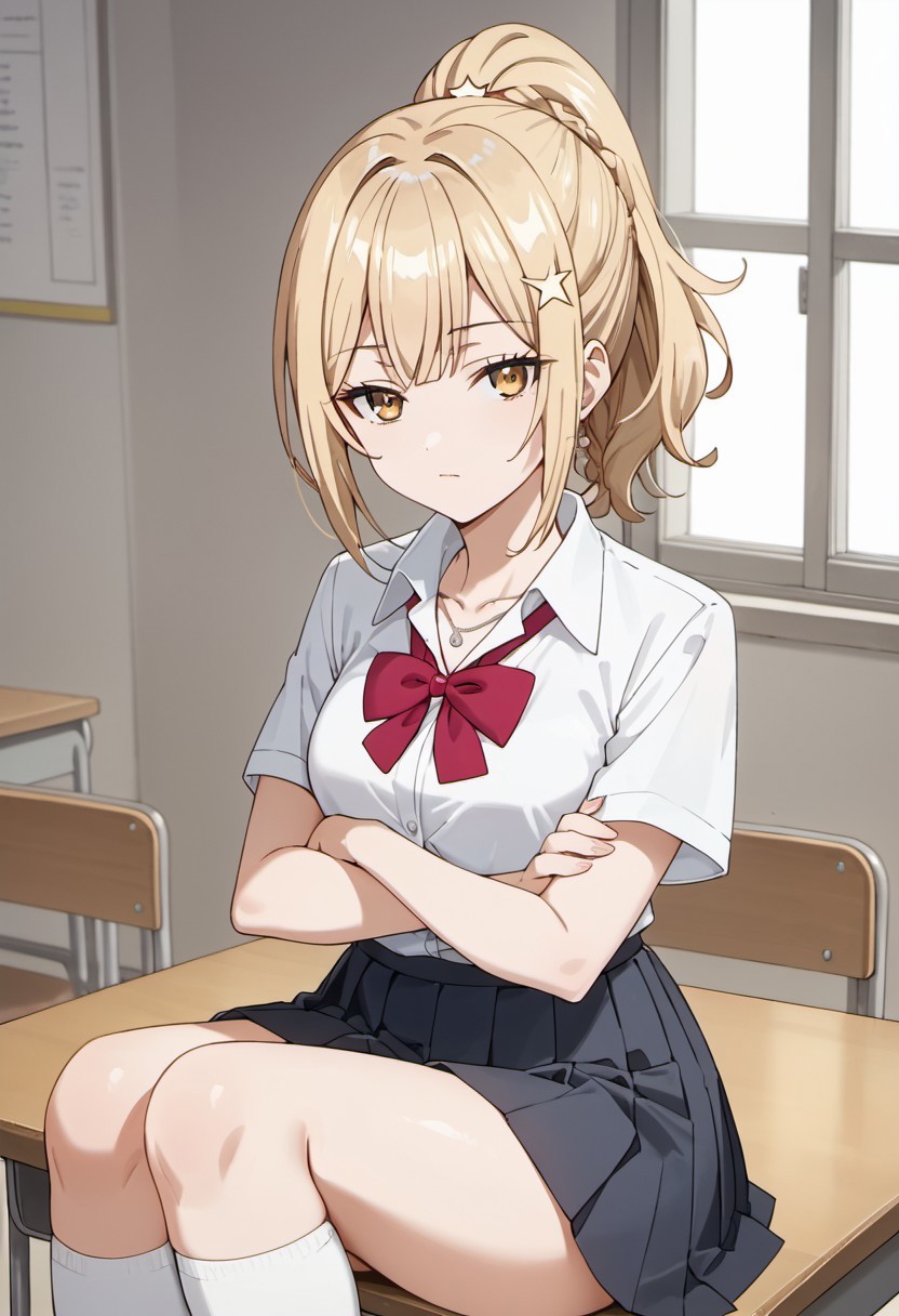 score_9, score_8_up, score_7_up, source_anime,nonoa miyamae, 1girl, solo, looking at viewer, skirt, blonde hair, shirt, hair ornament, bow, jewelry, sitting, school uniform, collarbone, yellow eyes, white shirt, ponytail, braid, short sleeves, pleated skirt, socks, collared shirt, bowtie, black skirt, medium hair, necklace, star (symbol), red bow crossed arms, white socks, red bowtie, desk, star hair ornament, gyaru