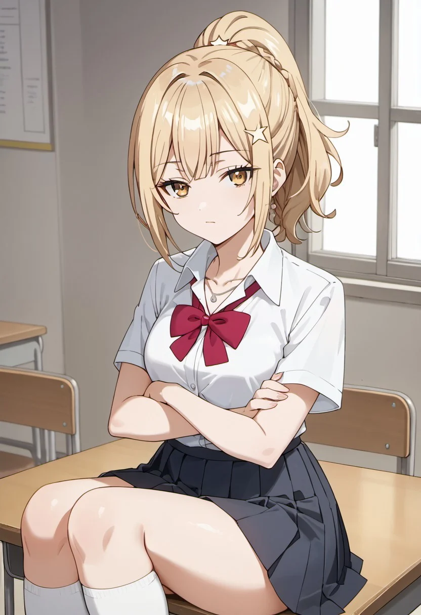 score_9, score_8_up, score_7_up, source_anime,nonoa miyamae, 1girl, solo, looking at viewer, skirt, blonde hair, shirt, hair ornament, bow, jewelry, sitting, school uniform, collarbone, yellow eyes, white shirt, ponytail, braid, short sleeves, pleated skirt, socks, collared shirt, bowtie, black skirt, medium hair, necklace, star (symbol), red bow crossed arms, white socks, red bowtie, desk, star hair ornament, gyaru