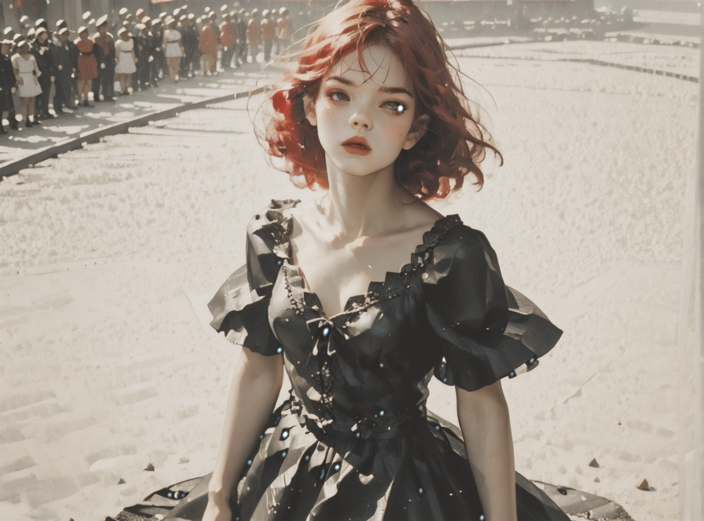 score_9, score_8_up, score_7_up, Fighting scene, shot from above, looking up against all odds, 1girl, pale skin, medium breasts, <lora:sm0k3XLP:1>, <lora:goth_clothes:1>, lollita dress, black dress, lollita, red details, Long white hair, young face, <lora:Our_Muted_Future_Style:1>, <lora:Coal_and_Oil:1>, in a spawling mining cavern,