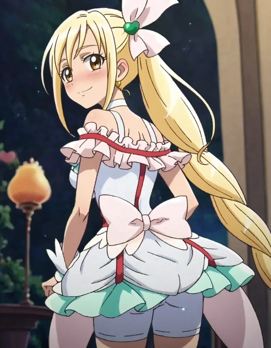 score_9, score_8_up, score_7_up,anime screencap,1girl,solo,cureecho, white choker,smile, magical girl, hair ornament, ribbon, skirt,wrist cuffs,  hair ribbon, looking at viewer, dress, bike shorts under skirt, frills, heart,medium breasts,blush,from behind,ass<lora:cureecho:0.8>