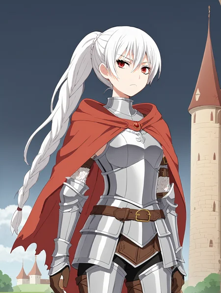 score_9, score_8_up, score_7_up,
anime coloring,  anime screencap, 
<lora:harukakuramori.pony.v3:0.8> haruka kuramori, white  hair, red eyes,
(single braid), braid, 
serious, 
(knight, armor, medieval, fantasy ), red cape,castle background, 
standing,
1girl,solo, cowboy shot