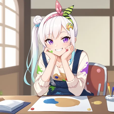 score_9, score_8_up, score_7_up, score_6_up, score_5_up, score_4_up, source_anime, (best quality, ultra detailed, absurdres, masterpiece:1.2), (ai-generated:0.6), color, simple background, indoors, table,   <lora:Vchuba - Iofi .3 WD - IPG - ND v21:1>
BREAK
iofi, medium breasts, gradient hair, hair bun, multicolored hair, paint splatter, purple eyes, side ponytail, single side bun, white hair,overalls, airani iofifteen \(1st costume\), paint on clothes,  leaning on table, head rest, hands on own cheeks, smile,