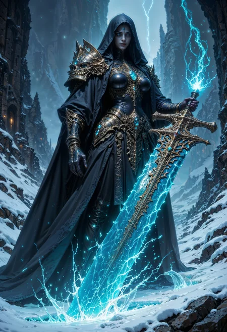 A powerful, dark sorceress with glowing cyan eyes, her intense gaze piercing through the icy storm around her. She wields a massive, intricately designed longsword with a glowing, crystalline blade, exuding an aura of ancient magic. Her dark, flowing robes are adorned with ornate metallic armor pieces, glinting with golden and silver accents. Her skeletal hand, wrapped in mystical engravings, grips the sword hilt, emanating an eerie glow. The background features a blizzard-like setting with jagged, frozen mountains and shards of magic energy swirling in the air. The atmosphere is dramatic, dark, and filled with energy, capturing a moment of immense power and mystery. Ultra-realistic, high detail, cinematic lighting, epic fantasy style.