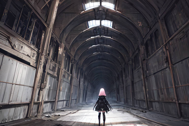 highly insanely detailed, masterpiece, top quality, best quality, highres, 4k, 8k, RAW photo, (very aesthetic, beautiful and aesthetic),  
tsutomu nihei,nihei_tsutomu,blame!,blame gakuen!,abara,TNstyle,sidonia_no_kishi,(hangar,giant room,deep horizon,city ruins,tunnel), 
<lora:blameLora_v10:0>, 
(1girl:1.3), 
solo focus, 
in dungeon,light pink background,âââ