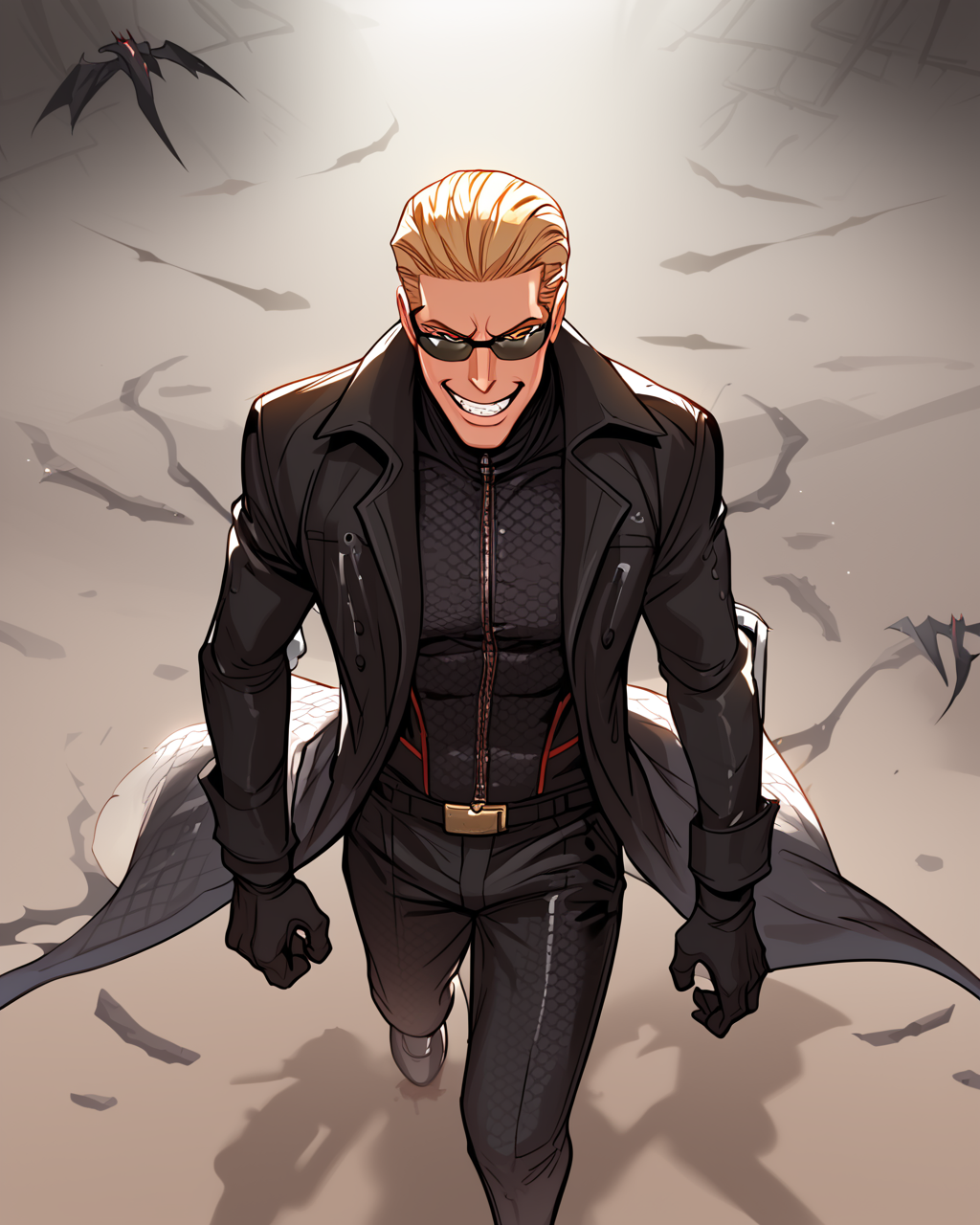 score_9, score_8_up, score_7_up, score_6_up, source_anime, rating_explicit, ah1, best quality, (masterpiece:1.4), (high quality:1.4), sharp focus, 4k, absurd resolution, <lora:albertwesker-guy-PONYv1:1> albertwesker, albert wesker, 1boy, solo, blonde, black gloves, sunglasses, belt, pants, long coat, trench coat, black coat, black pants, highly detailed, highres, extremely detailed, looking at viewer, toned, athletic, fit, slicked back hair, black turtleneck, zipper, mature male, (graphene textured clothes:1.7), (Lurking in the shadows with a devilish, secretive grin:1.5), (in a haunted forest, with twisted trees, dense fog, eerie sounds, and flickering lights), (High Angle view Extreme Close shot (focus on legs)),