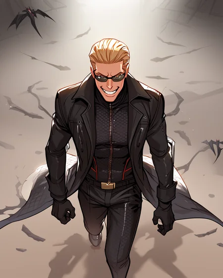 score_9, score_8_up, score_7_up, score_6_up, source_anime, rating_explicit, ah1, best quality, (masterpiece:1.4), (high quality:1.4), sharp focus, 4k, absurd resolution, <lora:albertwesker-guy-PONYv1:1> albertwesker, albert wesker, 1boy, solo, blonde, black gloves, sunglasses, belt, pants, long coat, trench coat, black coat, black pants, highly detailed, highres, extremely detailed, looking at viewer, toned, athletic, fit, slicked back hair, black turtleneck, zipper, mature male, (graphene textured clothes:1.7), (Lurking in the shadows with a devilish, secretive grin:1.5), (in a haunted forest, with twisted trees, dense fog, eerie sounds, and flickering lights), (High Angle view Extreme Close shot (focus on legs)),
