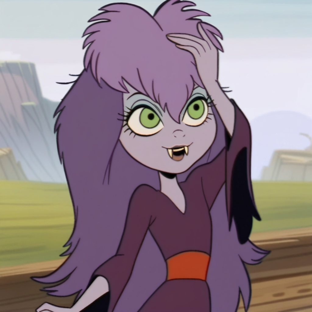 score_9, solo, Sibella, purple hair, long hair, green eyes, dress, fangs, outdoors