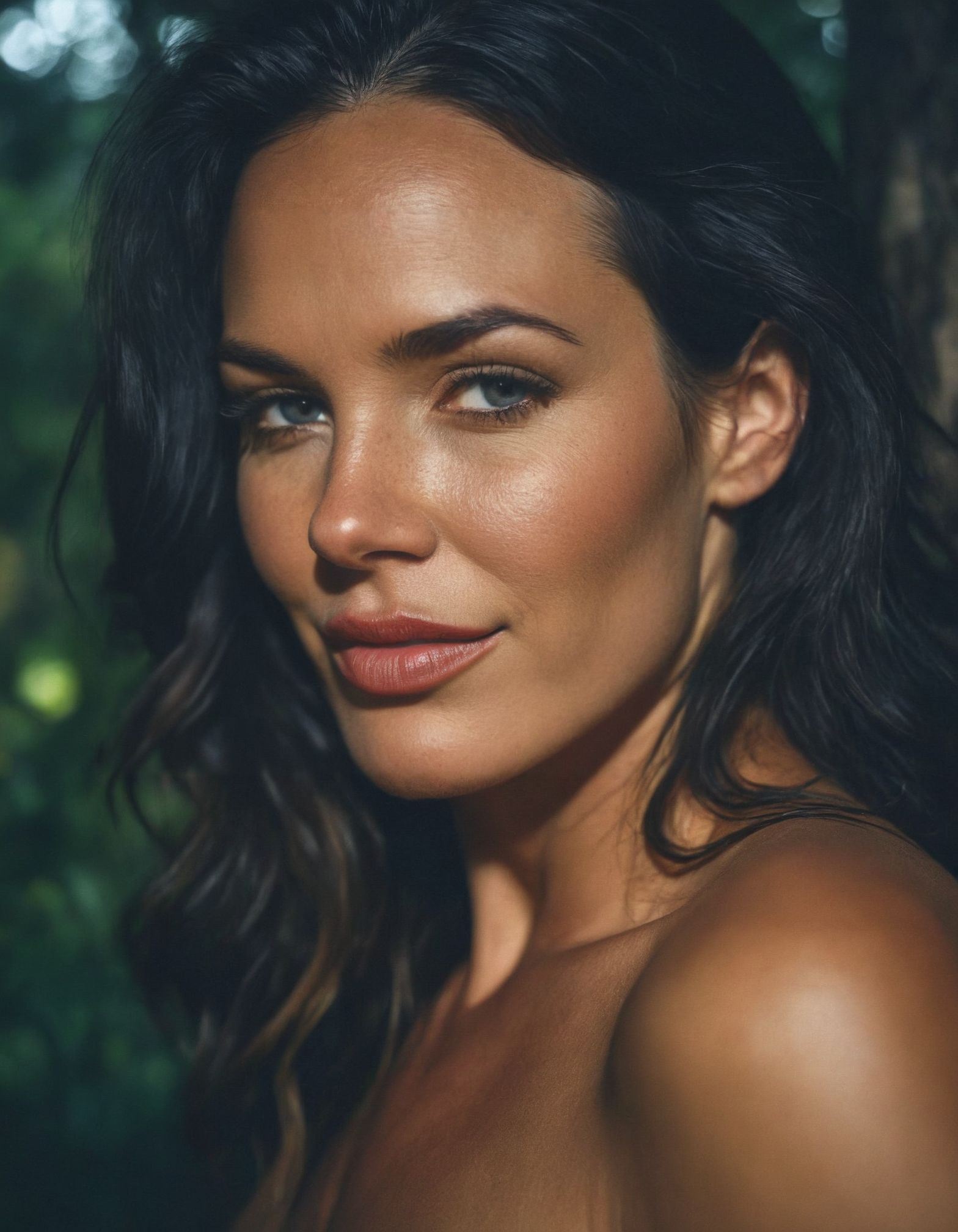 <lora:RAVEN:1> woman with dark hair, Instagram pic , ((blurry foreground, blurry background, dark background)), <lora:epiCPhoto:0.5> epiCPhotoXL <lora:all_eyes_hands_skin_fin:0.25> perfect eyes, detailed skin, skin blemish, <lora:photorealistic_portrait_notrigger:0.25>, Pan shot, alluring portrait, intricate, highly detailed, digital painting, artstation, concept art, naughty, sharp focus, cinematic lighting, illustration, art by artgerm and greg rutkowski, alphonse mucha, cgsociety, - A vibrant scene depicting the changing colors of the forest during the Noongar seasons, with leaves in shades of gold and red, The soft morning light filters through the trees, creating a warm and inviting atmosphere