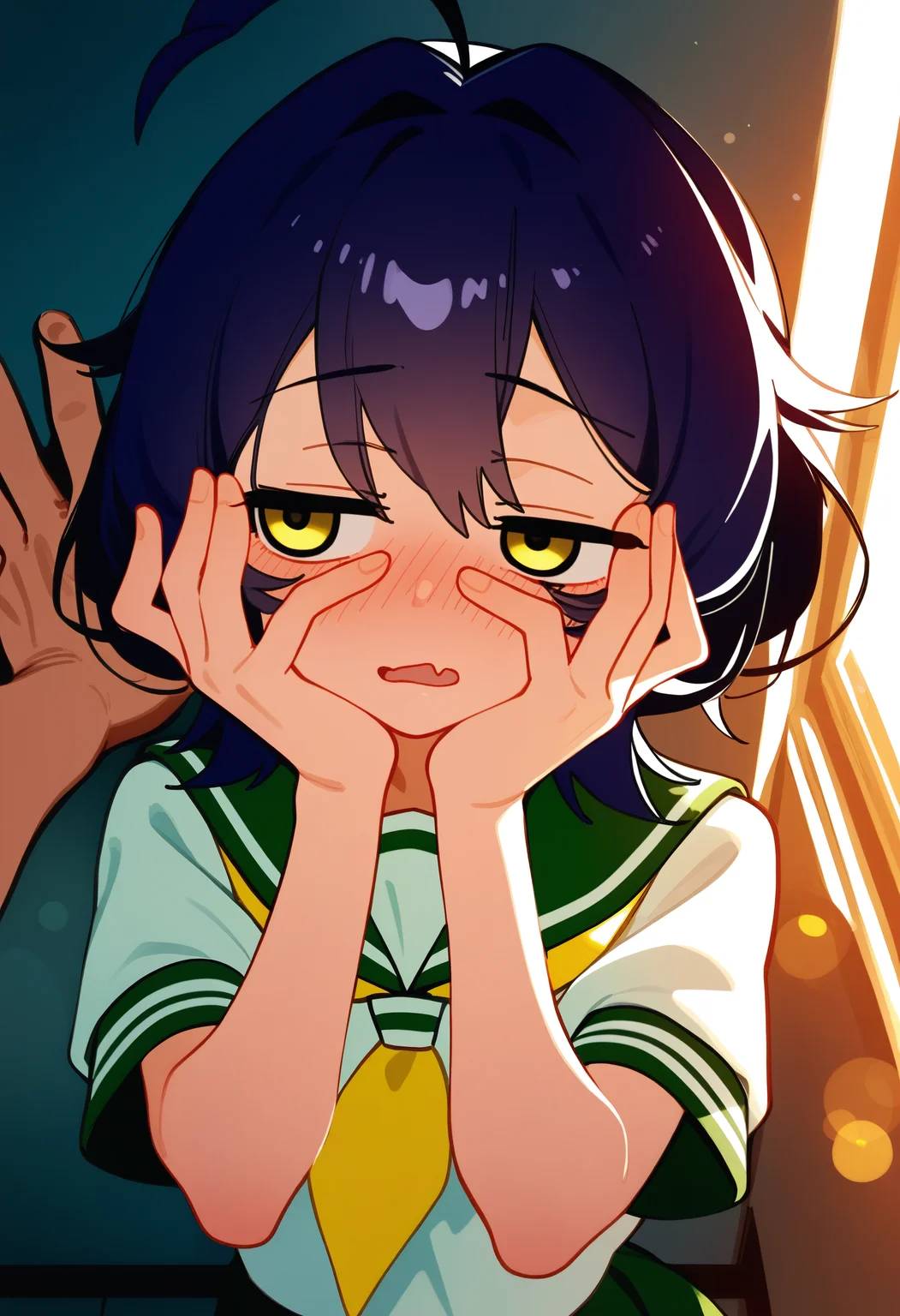 omo-omo2, wind, (cinematic lighting), (bokeh), hiiragi utena, against wall, school uniform, hallway, pov, kabedon, embarrassed, hands on own face, (sideways glance:1.05), :o, green sailor collar, yellow neckerchief, blush, skin fang, muscular male, wavy mouth, yandere trance,,masterpiece,best quality,newest,absurdres,highres,very awa,detail background