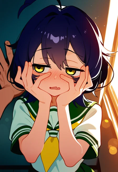 omo-omo2, wind, (cinematic lighting), (bokeh), hiiragi utena, against wall, school uniform, hallway, pov, kabedon, embarrassed, hands on own face, (sideways glance:1.05), :o, green sailor collar, yellow neckerchief, blush, skin fang, muscular male, wavy mouth, yandere trance,,masterpiece,best quality,newest,absurdres,highres,very awa,detail background