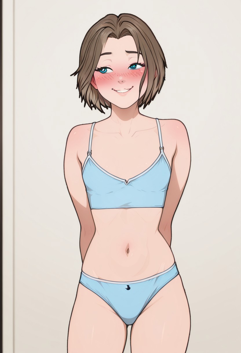 masterpiece, best quality, newest, absurdres, highres, detailed eyes, beautiful, detailed background, perfect eyes,
anime coloring, anime screencap,pamistyle,
1girl,RobynSpade,short hair,brown hair,blue eyes,black pupils,blush,
underwears, smile, rolleyes,
teasing,seducting,standing,