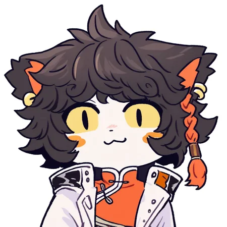 boykisser, silly cat, white background, simple background, solo, chibi cat aakarknights, black curly hair, orange single braid, earrings white coat, chinese clothes, orange vest, white sash, looking at viewer, blush stickers, closed mouth, smile, yellow sclera, slit pupils, spot color, :3, straight-on, blush, solo, animal focus,