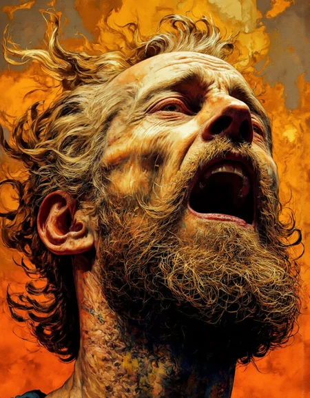 Art by Juan Brufal. A digital illustration shoot from a close-up camera angle about an expressive portrait of an old man with a long beard and mustache, screaming with his mouth wide open and his eyes closed, surrounded by a fiery orange and yellow background with swirling patterns. the image also shows a stylized depiction of a man's face in a dynamic pose, emphasizing his expressive features. on the middle of the image, an elderly man appears to be in his late 60s, with a bald head and long, wavy, blonde hair, and a thick, thick beard. he is facing the viewer with his eyes looking upwards, and his mouth is open in a screaming expression. the man's hair is messy and unkempt, with strands of hair falling down his back. his facial features are detailed and well-groomed, with thick eyebrows and a prominent nose. he has a serious and intense expression, with his upper teeth visible. the overall effect is one of intense emotion and chaos.