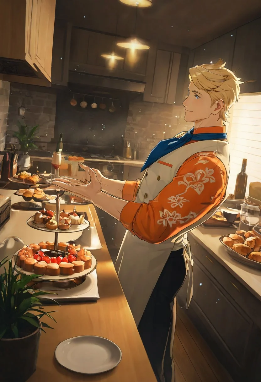 1boy, male focus, muscular, bunet,blonde hair,blue eyes,muscular male,manly,handsome, smile, cooking casual_outfit, orange shirt, shirt, neckerchief, blue neckerchief, white vest, vest, white apron, apron, black pants
BREAK
indoors, kitchen, kitchen counter, pastries, cakes, coffee table, donuts, drinks, plant, wine bottle, full room, lights,
BREAK
cinematic, dynamic pose, dynamic angle, natural lighting, bloom, subsurface scattering, volumetric lighting, side view, light particles, lively, bright room, from above, blue shadows, bright light illuminating from outside, chiaroscuro, high contrast, dramatic lighting, very awa, masterpiece, best quality, absurdres, newest, perfect quality, detailed background, intricate details, (chiizu_namasu:0.8), (zhuowang233:0.8), (balnom:0.6) (aixiwuganda \(20222192\):0.8)