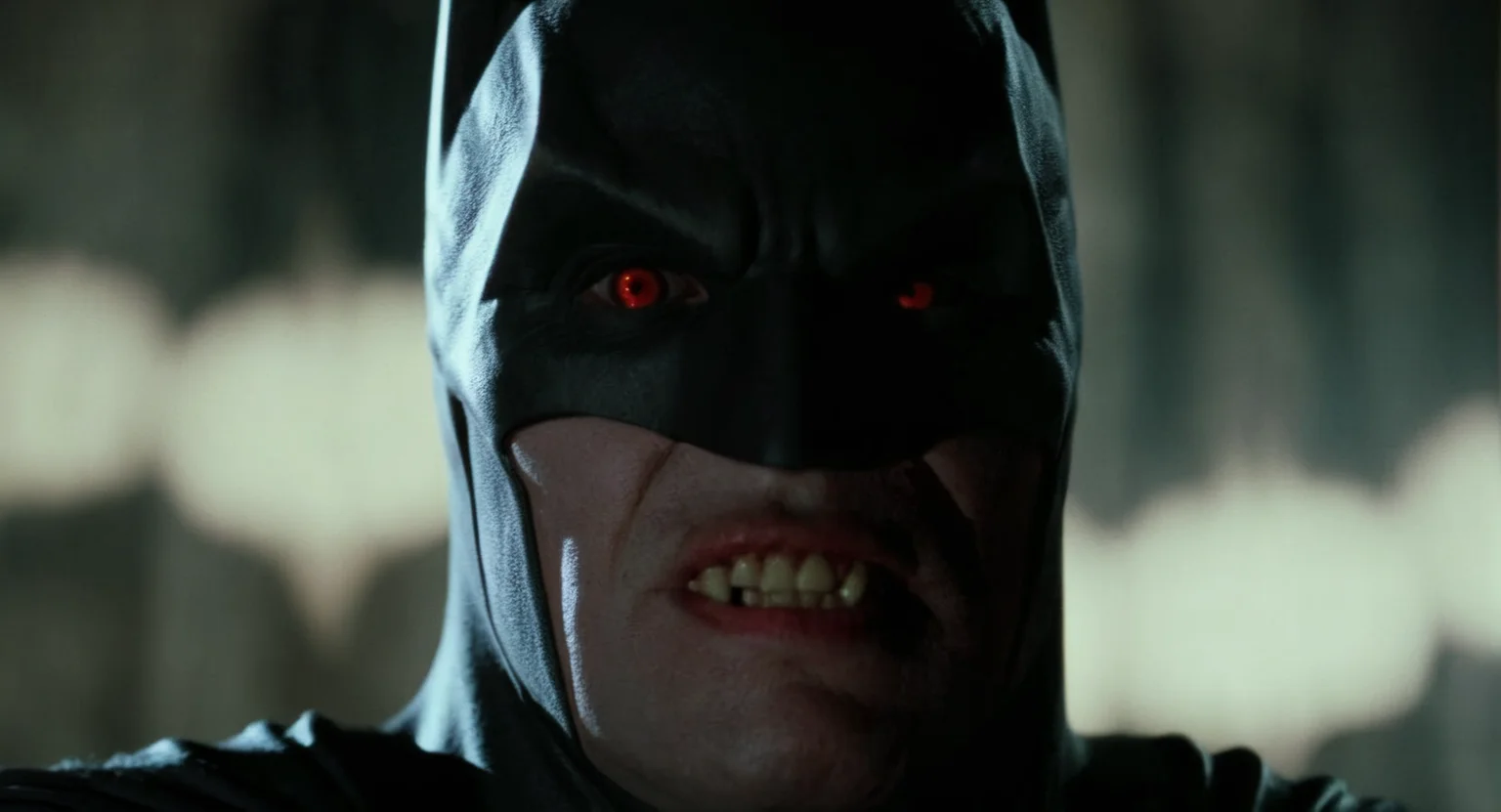 cinematic film still of Cinematic Film stock footage in (arri alexa style) Kodak film print, <lora:Batman Vampire:1> Batman Vampire a batman villain with a dark background and vampire fangs <lora:Vampire-000003:1>, shallow depth of field, vignette, highly detailed, high budget, bokeh, cinemascope, moody, epic, gorgeous, film grain, grainy