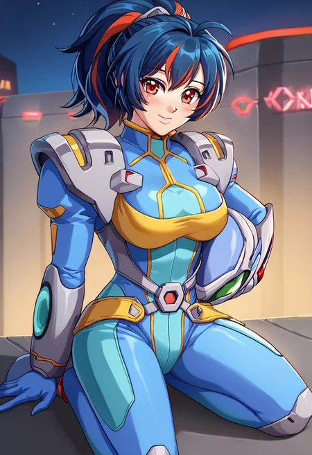 score_9, score_8_up, score_7_up, <lora:offset_0.2:0.1>, <lora:spo_sdxl_10ep_4k-data_lora_webui:1>, BREAK,
1girl, solo, BREAK,
zhu yuan, ponytail, red eyes, BREAK,
srwbluepilotsuit, blue bodysuit, pauldrons, wrist guards, metal belt, grey armor, helmet, helmet removed, no headwear, unworn helmet, holding helmet, <lora:Pilot_suit__Super_Robot_Wars:1>, BREAK,
smile, blush, looking at viewer, feet out of frame, BREAK,
outdoors, city, night, neon lights