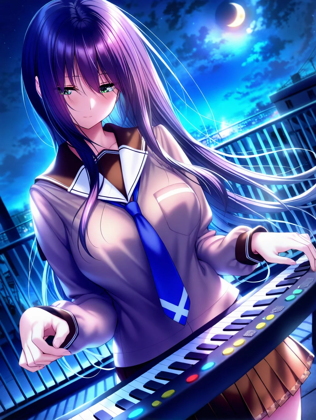 (masterpiece,best quality,ultra_detailed,highres,absurdres:1.2,amazing quality,very aesthetic),<lora:Himiyama Rei  ilxl_v1-000012:0.8>,1girl,solo,long hair,skirt,night,school uniform,moon,sky,floating hair,instrument,keyboard \(instrument\),brown skirt,playing instrument,necktie,green eyes,outdoors,pleated skirt,dutch angle,sailor collar,purple hair,night sky,rooftop,cloud,serafuku,long sleeves,breasts,blue necktie,music,white sailor collar,rei\(Amakano 2\),, (masterpiece,best quality,ultra_detailed,highres,absurdres:1.2,amazing quality,very aesthetic),Smooth Negative,
