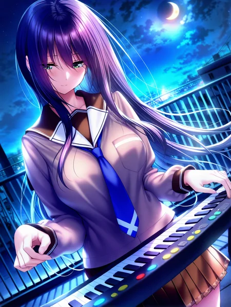 (masterpiece,best quality,ultra_detailed,highres,absurdres:1.2,amazing quality,very aesthetic),<lora:Himiyama Rei ilxl_v1-000012:0.8>,1girl,solo,long hair,skirt,night,school uniform,moon,sky,floating hair,instrument,keyboard \(instrument\),brown skirt,playing instrument,necktie,green eyes,outdoors,pleated skirt,dutch angle,sailor collar,purple hair,night sky,rooftop,cloud,serafuku,long sleeves,breasts,blue necktie,music,white sailor collar,rei\(Amakano 2\),, (masterpiece,best quality,ultra_detailed,highres,absurdres:1.2,amazing quality,very aesthetic),Smooth Negative,