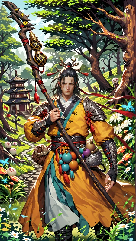 (zPDXL2), (((cowboy shot))), (((dynamic pose))), (((dynamic angle))), webtoon, anime, centered, perfect hands, gosk, 1boy, yellow clothes, staff, holding staff, gourd hang on staff, outdoors, medieval fantasy, Chinese, wuxia, forest background, <lora:sd_xl_dpo_lora_v1:1>, <lora:OMG-Is-DucHaiten_v1.0:0.1>, <lora:gosk_PonyXL:0.8>