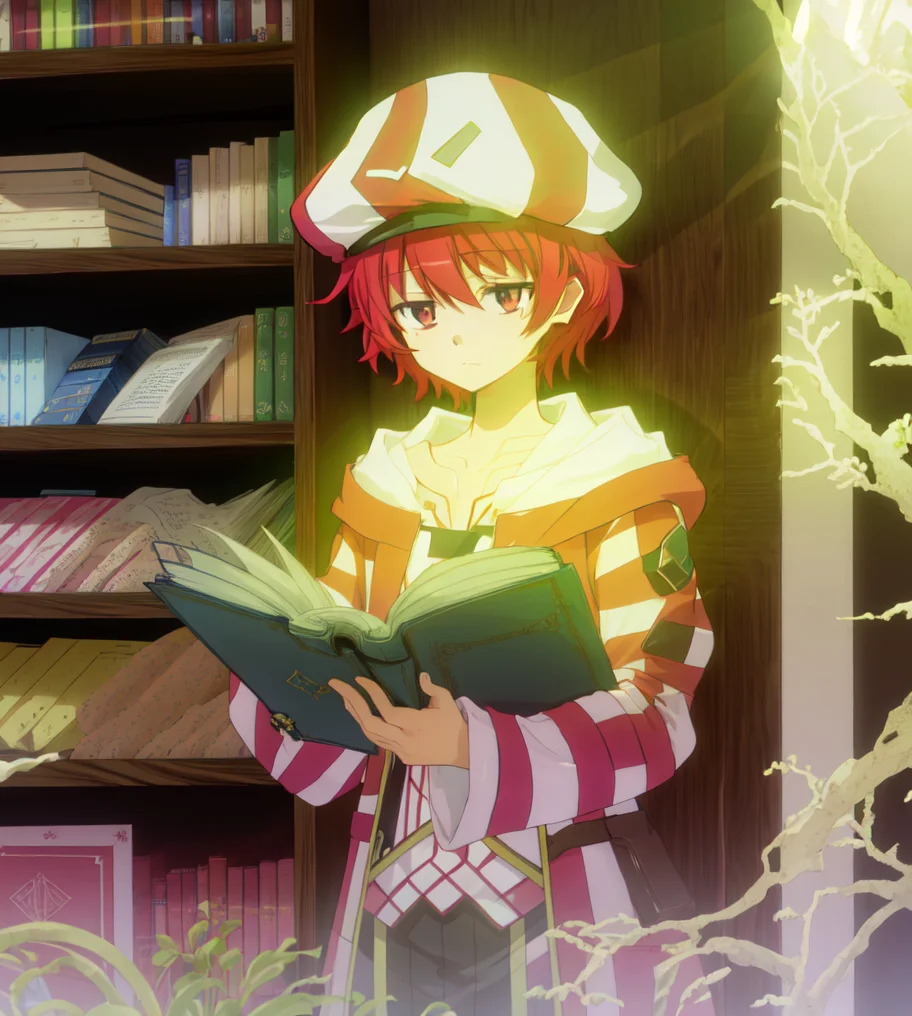 (bokanade), masterpiece, cowboy shot, reading book in library, solo, books, wood bookshelf, hat, wooden bookshelves lining the walls, natural light illuminating the room
<lora:bofuri_extract_convP01_linearP04:1>