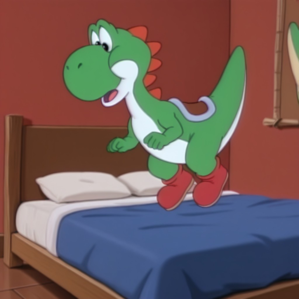 masterpiece, best quality, amazing quality, YoshiSMWil, feral, male, dinosaur, green skin, black eyes, red shoes, inside, jumping, on bed, <lora:13cc8cd9-a879-4f80-9159-7800ca5aaf7f:1.0>