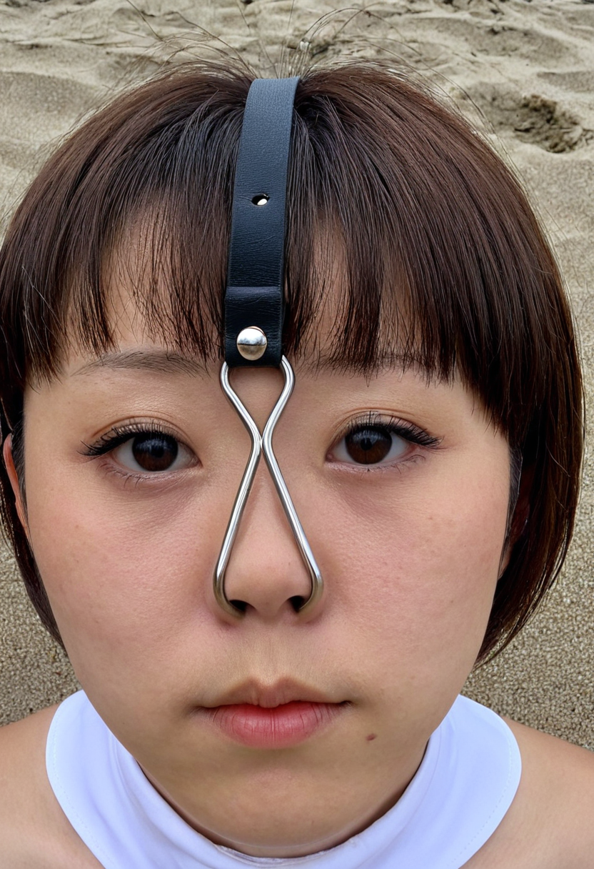 wearing pornmasternosehook01 nose hook,wide open nostrils, RAW Photo of a photo of a young  japanese idol,Upper Body,solo,Brown hair,Short hair hair, White dress,Forehead,face close-up,  masterpiece,best quality,Shoulder,lips, closed mouth, eyes,Shoulder,looking at viewer and facing viewer,outdoors,high-resolution skin textures,Beach Background,sea, water,<lora:PornMaster-nose hook 01-sdxl-V1-lora:1>