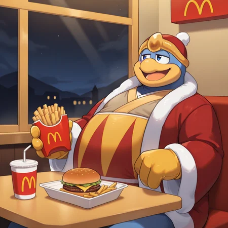 <lora:King_Dedede_Kirby_-_Lora:1> 1boy, dedede, hat, red coat, belly belt, robe, gloves, holding object, hamburger, mcdonalds, smile, open smile, sitting, booth, drink, fries, window, night, stalker, (masterpiece, masterwork:1.2)