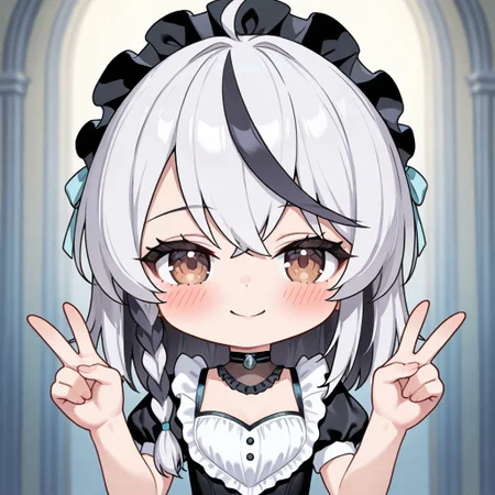 masterpiece,best quality,good quality,extreme aesthetic,very aesthetic, absurdres, newest,8K, depth of field,focused subject,intricate linework with expressive contrasts,soft lighting with dynamic highlights,anime,very awa, chibi
BREAK
1girl,cherno maid,multicolored hair, white black hair, brown eyes, single braid,small body, big head,double v,smile, blush, upper body, white background,
BREAK
Impressionistic,ultra-detailed,illustration,perfect composition,intricate details,absurdres,anime,intricate,hires textures,high detail,4k,incredibly detailed,perfect anatomy,slim,nostrils,UHD,8K,