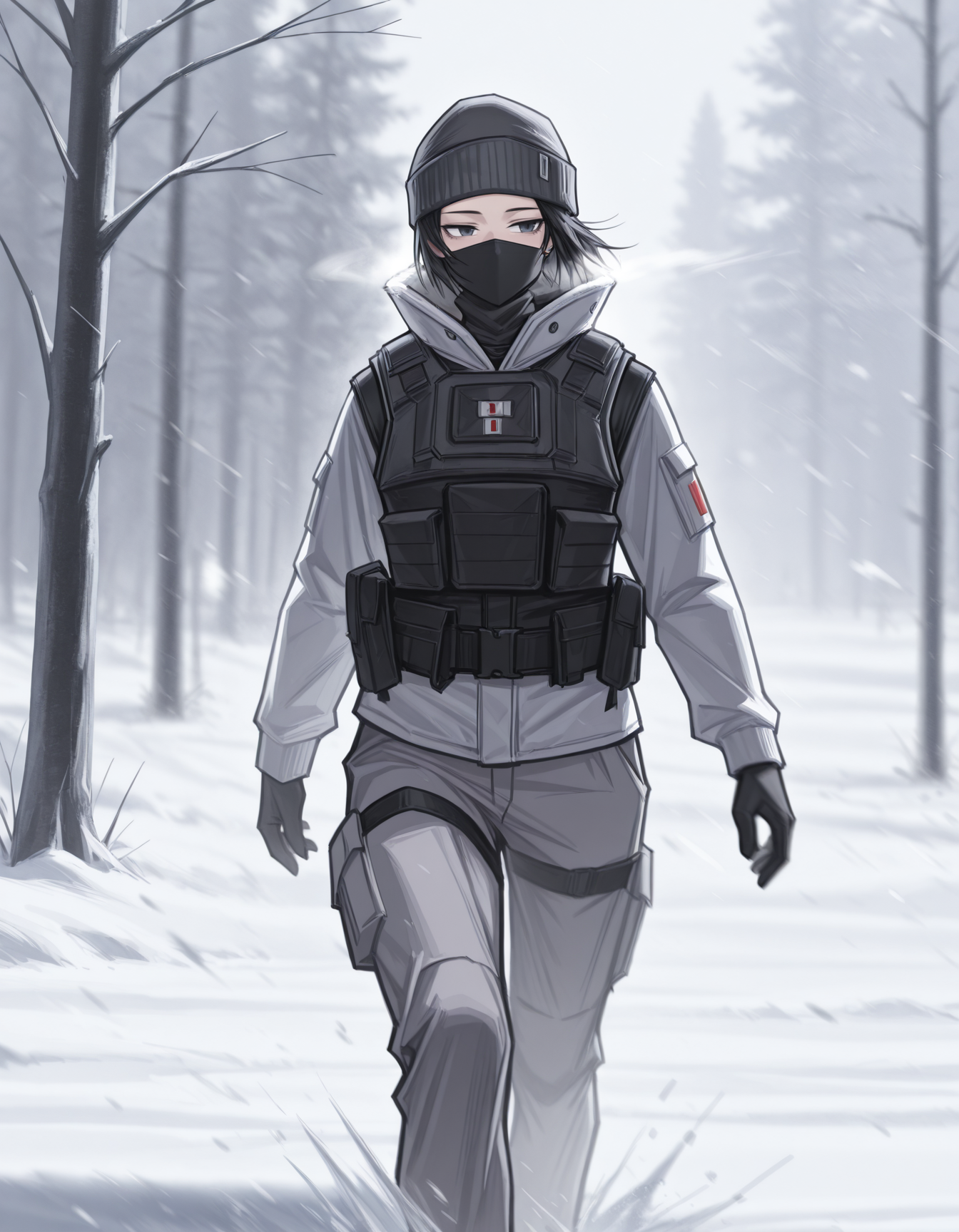 <lora:siege-illustrious-000010:1> solo, tsangfrst, black hair, beanie, mouth mask, bulletproof vest, jacket, grey pants
snow, wind, walking, tree, blizzard, motion blur, masterpiece,best quality,amazing quality