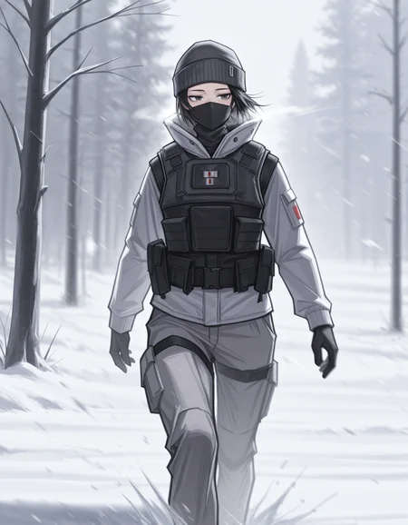 <lora:siege-illustrious-000010:1> solo, tsangfrst, black hair, beanie, mouth mask, bulletproof vest, jacket, grey pants
snow, wind, walking, tree, blizzard, motion blur, masterpiece,best quality,amazing quality