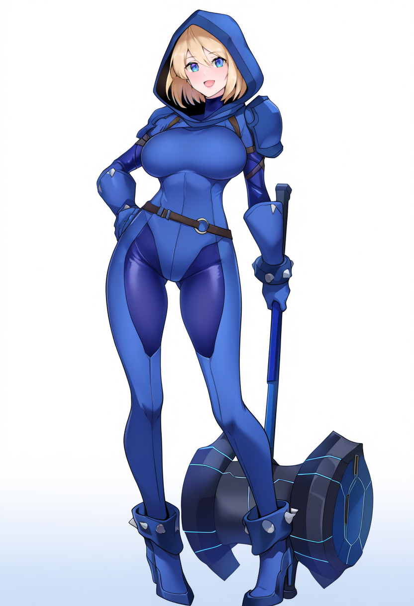 masterpiece, best quality, 1girl, 
legs apart, hammer, armored boots, blue bodysuit, hood, belt, smile, holding, hand on own hip, standing, boots, looking at viewer, blue gloves, holding hammer, skin tight, hood up, blue eyes, pigeon-toed, gloves, thigh gap, bodysuit, blonde hair, full body, :d, blue footwear, short hair, open mouth, turtleneck, lips, hooded bodysuit, spiked footwear
 <lora:halcon:1>