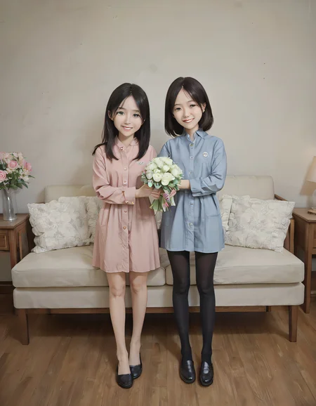 (score_9_up, score_9, score_8_up, score_7_up), ((masterpiece)), ((best quality)), 2girls, child offering flowers to mother, young girl offering a bouquet of flowers, warm smile, soft eyes, tender moment, cozy living room with warm light, soft pastels with warm highlights, cinematic anime style, Suzune, Long, black hair, Sharp, blue eyes, fair skin, Slender build, Neat appearance, School uniform, Long sleeves, Buttoned shirt, Dark stockings, Black shoes, soymszn,