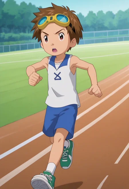 score_8, score_8_up, score_7_up, score_6_up, source_anime, anime screencap, BREAK, 1boy, solo, male focus, goggles on head, brown hair, brown eyes, white tanktop, shorts, running, athletics field, sneakers, shoes, green footwear