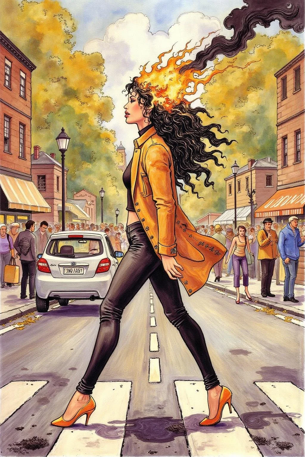itacomic1 illustration. Fantasy artwork. Profile of a woman with long black hair walking across the street at zebra crossing. Her hair is on fire, with black Smoke coming out of her head. <lora:itacomic_mima4_nocap_d4a2:1.0><lora:801712494268653397:0>