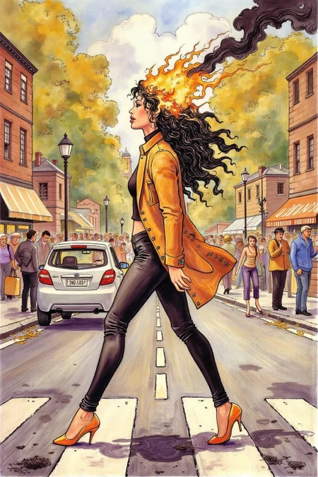 itacomic1 illustration. Fantasy artwork. Profile of a woman with long black hair walking across the street at zebra crossing. Her hair is on fire, with black Smoke coming out of her head. <lora:itacomic_mima4_nocap_d4a2:1.0><lora:801712494268653397:0>