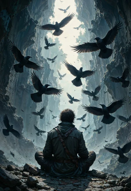 a dramatic and atmospheric scene. The layout is vertical, focusing on a central figure sitting with their back to the viewer, surrounded by a multitude of crows in flight. The figure appears to be wearing tattered clothing, suggesting a rugged or mysterious character. The background is a swirling mix of dark and light shades, creating a sense of depth and movement. The crows are detailed, with outstretched wings and varied positions, adding dynamic energy to the scene. The overall color palette is dominated by dark blues, grays, and blacks, with subtle highlights that enhance the moody and enigmatic atmosphere. The composition draws the eye upwards, following the flight of the birds into a lighter area at the top, suggesting an opening or sky. The style is illustrative, with a focus on texture and contrast, creating a visually striking and immersive image.