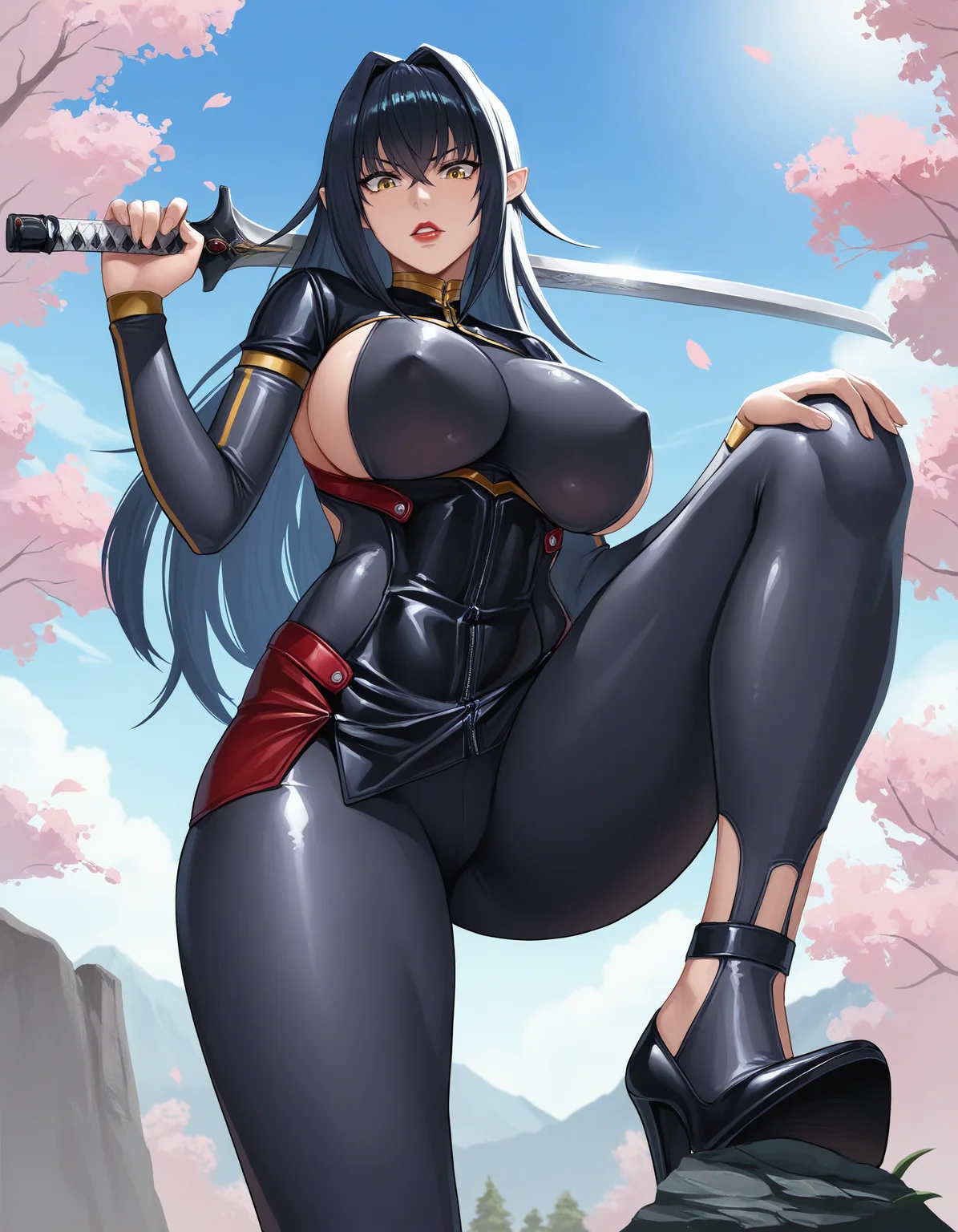 masterpiece, good quality, best quality, shadow, bloom,
Annerose, mature female, stepped on rock, holding katana, stepping, leg up, from below, hand up, hand on own knee, sword behind back,
pointy ears, 1girl, solo, cowboy shot,
looking at viewer, determined, looking down, parted lips, determined,
black hair, long hair, yellow eyes, red lips,
black bodysuit, turtleneck, sideboob, high heels, skin tight, ankle cutout,
curvy, large breasts, thighs, hips, covered nipples,
outdoors, day, clouds, blue sky, tree, mountain, cherry blossoms,
<lora:Annerose3216 NoobAIXL V-pred:1> 5 fingers 4 fingers