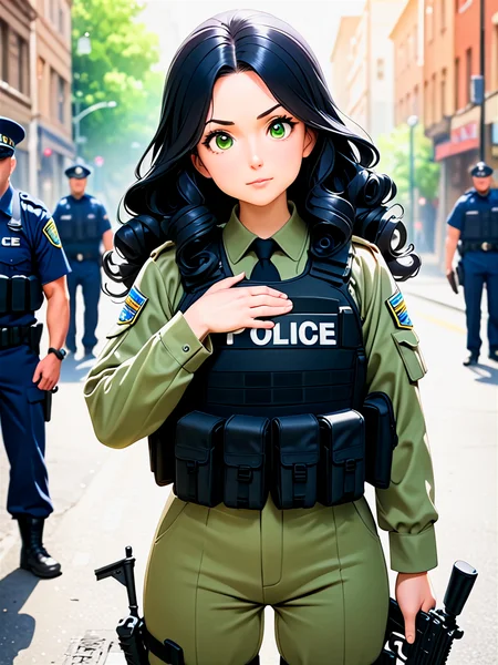 anime, illustration, best quality, (masterpiece:1.4), (high quality:1.4), sharp focus, 4k, absurd resolution, detailed hands, curly hair, long hair, (black hair:1.6), 1girl, mature female, (parted hair:1.7), (round face), (no_bangs:1.3), (no_fringe:1.6), <lora:ETO_OC_XL:0.7>, (thick eyebrows:0.9), (plump:0.8), round-chin, (greenish brown eyes), (brownish green eyes), caucasian, down-turned eyes, 1girl, (forehead:0.65), <lora:swat gear_xl:0.7> swat gear, weapon, (Standing with one hand on the chest, looking proud), gun, uniform, police, rifle, street, officers, soldier, military, officer,