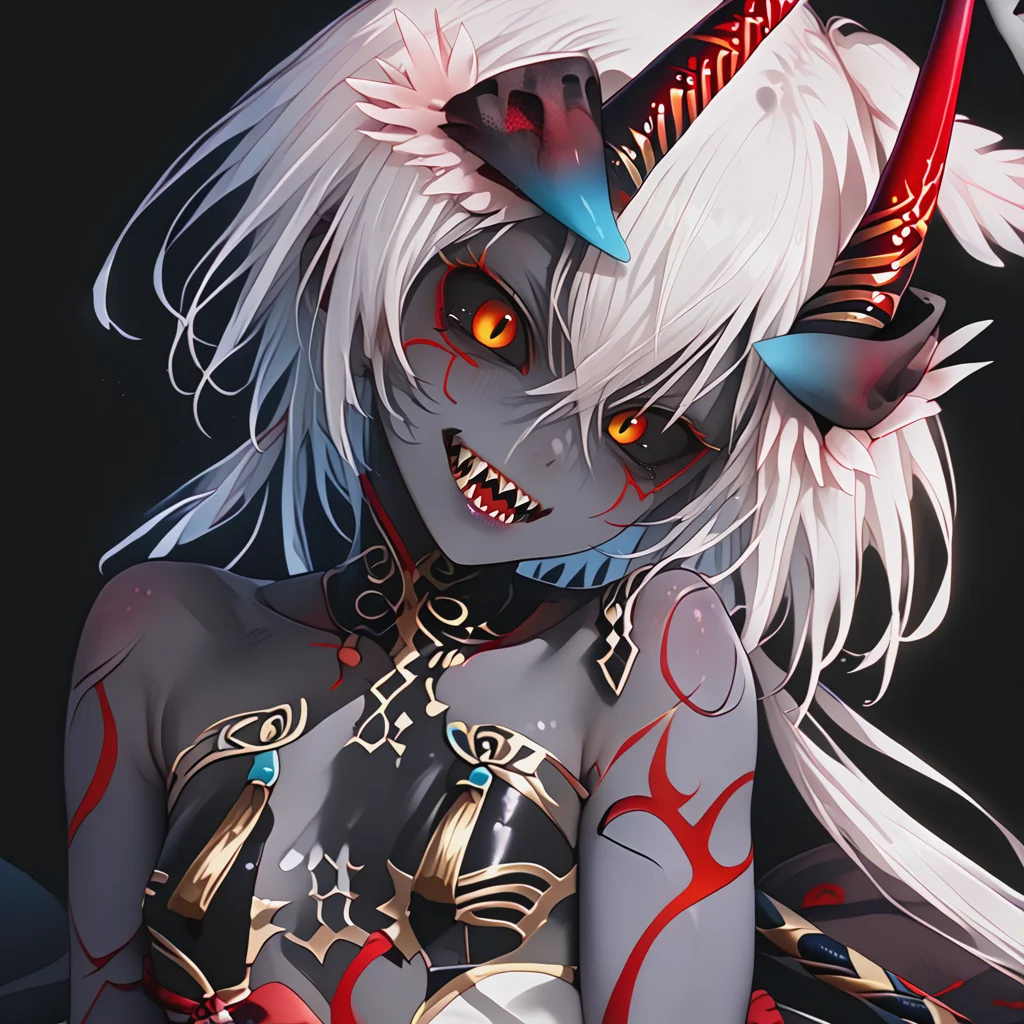 <lora:agehaB3_Pv1-000020:0.8>, syonia, 1girl, solo, colored skin, black skin, sharp teeth, high quality,