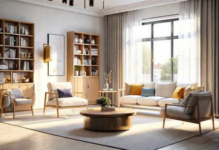 ((front view)), Shallow scene, ((animation style)), modern-style interior, with white walls, (large windows), Nordic-style furniture, a  study, Sofa, coffee table, bookcase, single wall, 
warm light morning sun, (the view of the city)