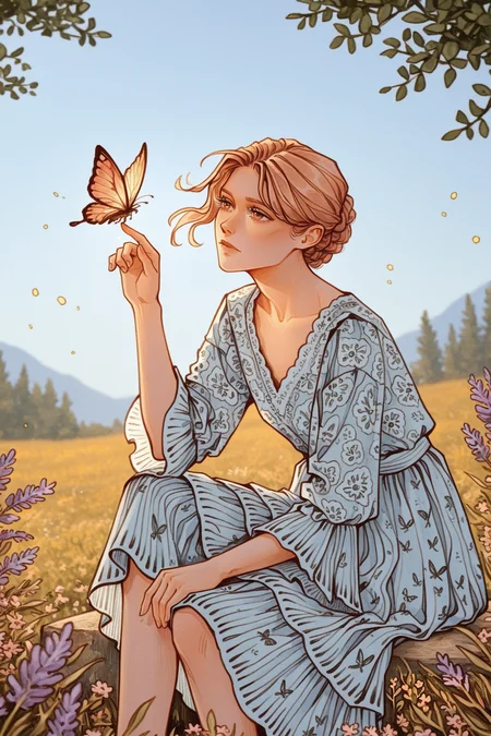 Young woman, looks at the one butterfly, wears patterned layered dress,
One butterfly sits on her finger,
S4sh4dow, outdoors,
<lora:SaShadowArtV2-illustrious:1>