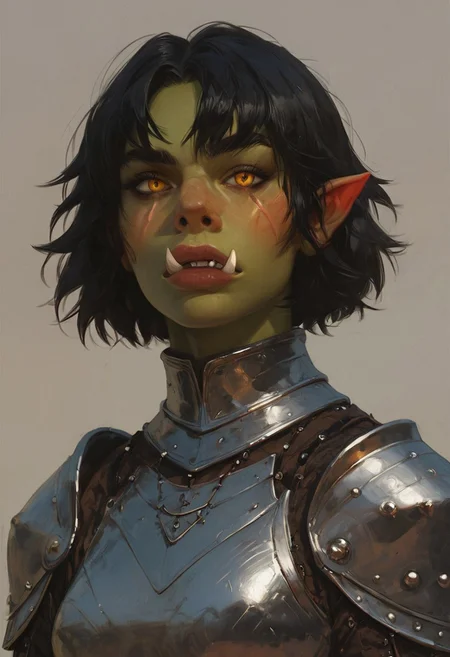 score_9, score_8_up, score_7_up, score_6_up, orc, slender body, small breasts, muscular, studded leather armor, knight armor, one metal shoulder armor, one metal gauntlet, black hair, short hair, tusks, green skin, face scar, amber eyes
