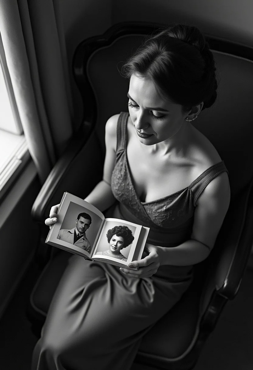 A graceful woman in a stunning vintage outfit, gazes lovingly at a cherished photograph of her husband. The scene is set in a retro black and white theme, emphasizing a timeless elegance. The focus is on the woman, with the photograph of her husband clearly visible. The perspective is captured from a bird's-eye view, adding a unique angle to the nostalgic ambiance.