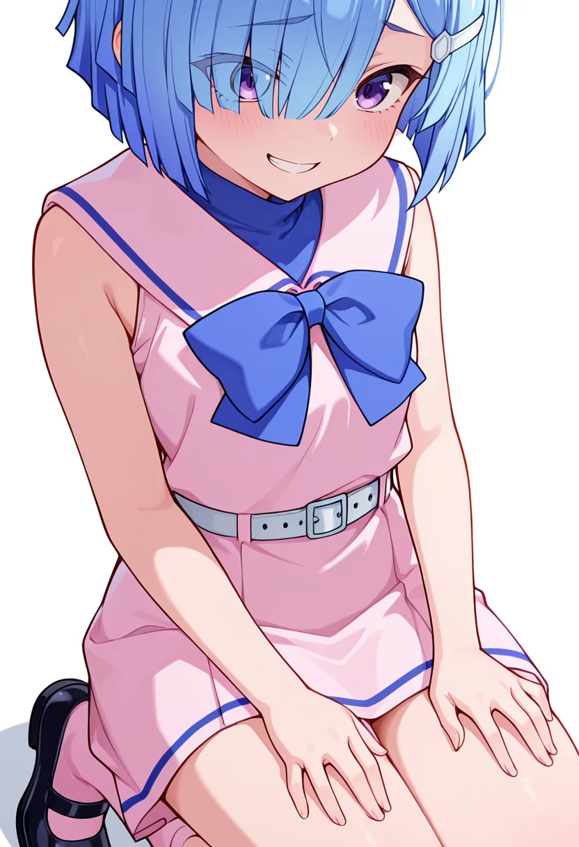 masterpiece,high quality details, absurdres,
<lora:Imose_Mimika:0.8>
mimika_cnr, 1girl, blue hair, short hair, hair over one eye, purple eyes,eyes visible through hair,hairclip,
mimika_s1, sleeveless, pink dress, sailor collar, white belt, bow,bowtie,pink socks,mary janes,, simple background, white background, from behind,solo,, grin,horrified,, hands on thighs,kneeling on floor,sitting pose,